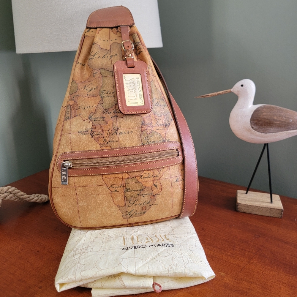 Alviero Martini 1A Classe Geo Map Vintage Sling Backpack Tan Coated Canvas Bag